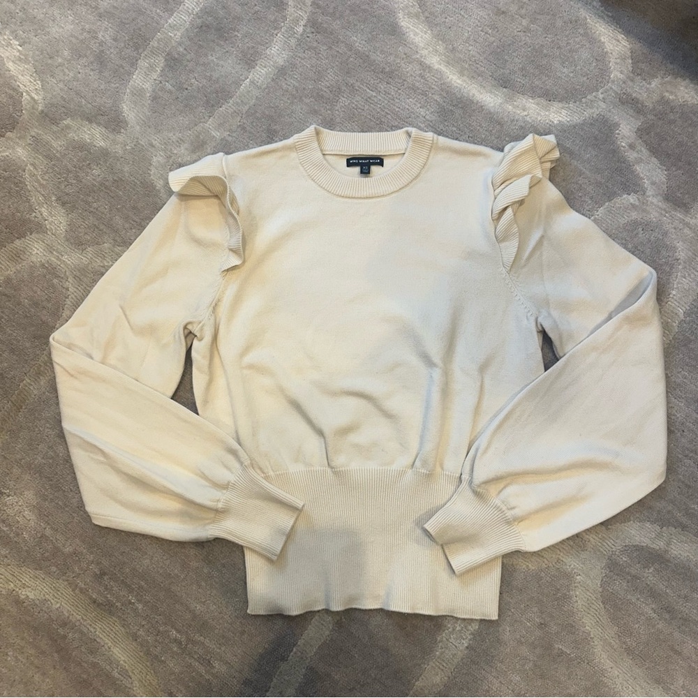 Who What Wear Beige Ruffle Sleeve Crew Neck Sweater - Picture 1 of 5